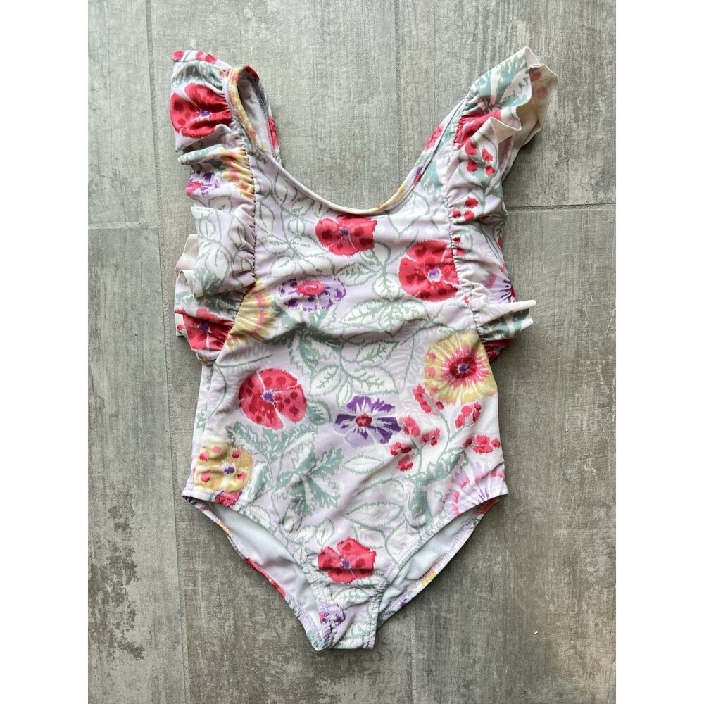 Girls One Piece Ruffle Floral Hawaiian Print Watercolor Cute Beach Swim S 5-6